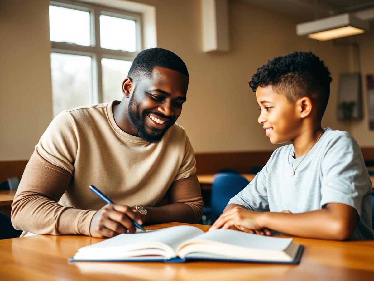 Mentor and teen at a community center table